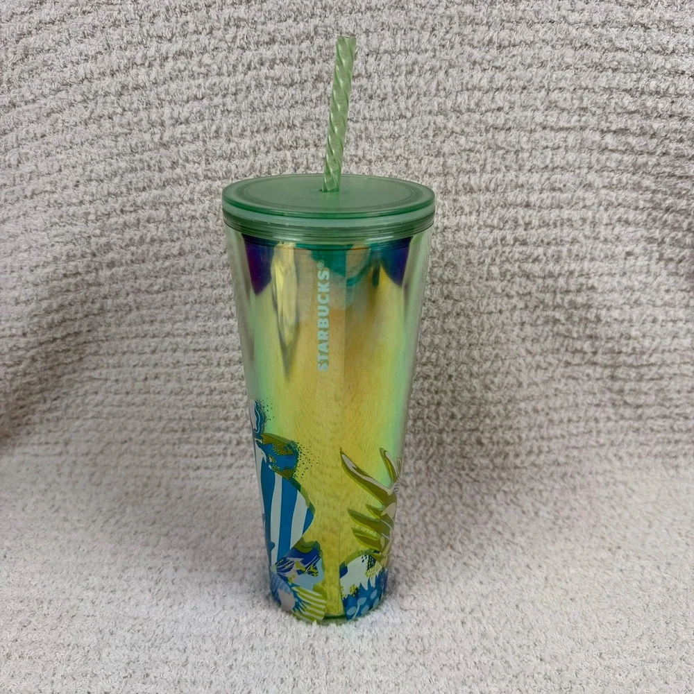 Starbucks Iridescent Blue Green Botanical Tumbler 24 oz Reusable Green Straw Lid